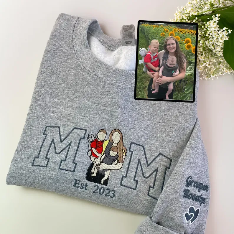 Custom Mama Sweatshirt, Photo Hoodie, Embroidered Mama and Kids Portrait, Varsity Shirt, Personalized Embroidery Shirt for Mom