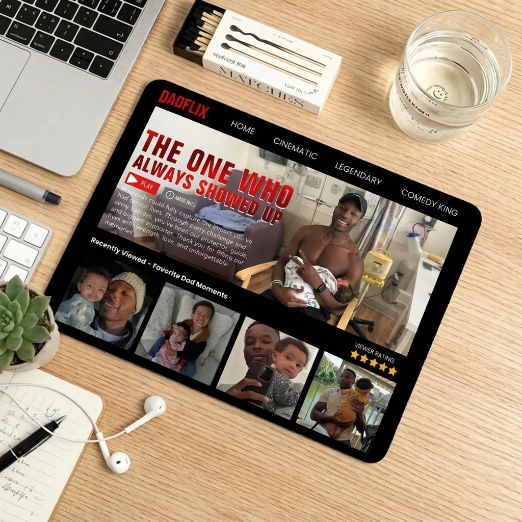 Custom DADFLIX The One Who Always Showed Up - Personalized Streaming Service Desk Mat with Multiple Photos & Text - Funny Father's Day Gift 