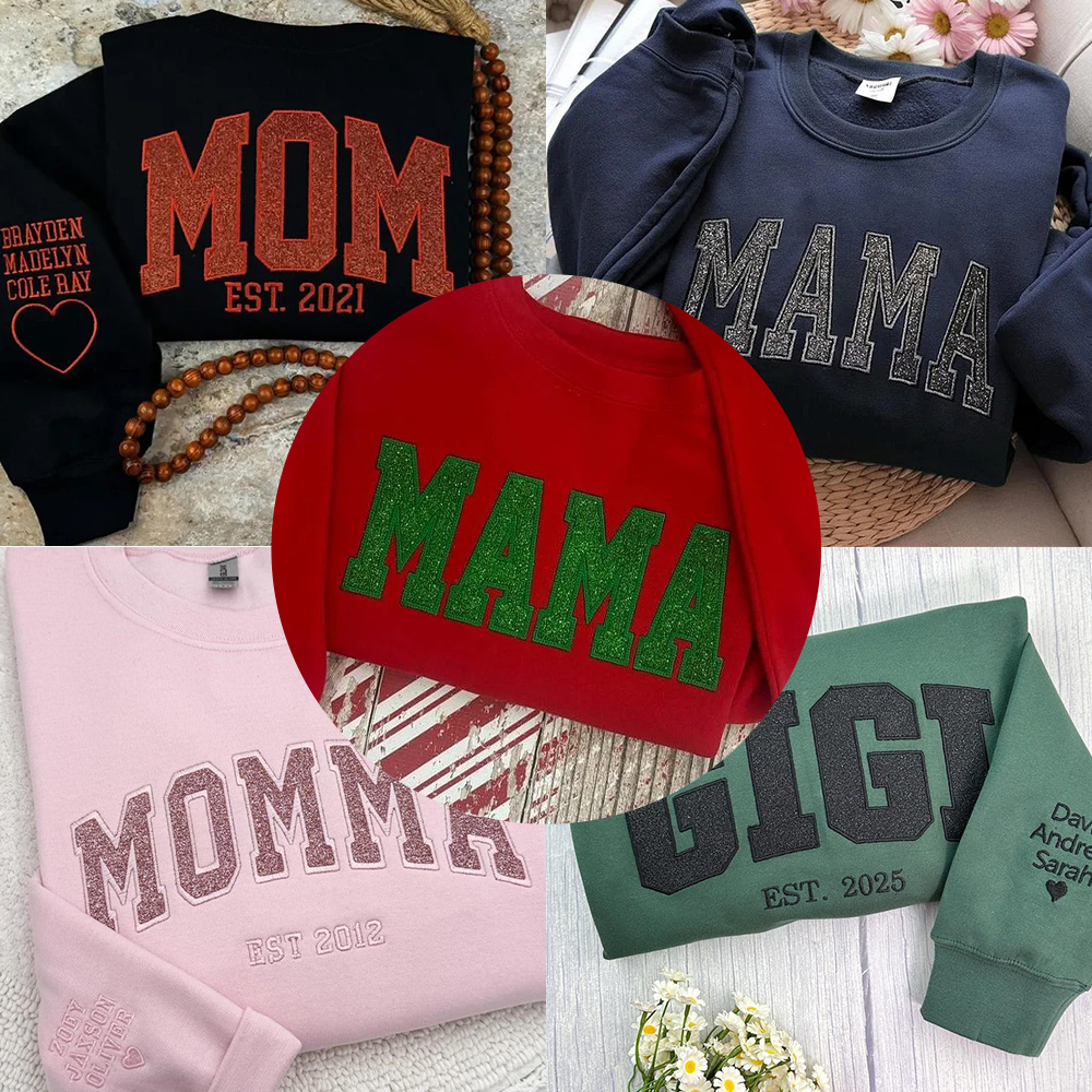 Embroidered Applique Glitter Mama Sweatshirt with Kids Names on Sleeve