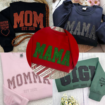 Embroidered Applique Glitter Mama Sweatshirt with Kids Names on Sleeve