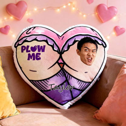 Customized Couple Photo Pillow – Red Heart-Shaped Personalized "Plow Me" Pillow, Valentine's Day Gift