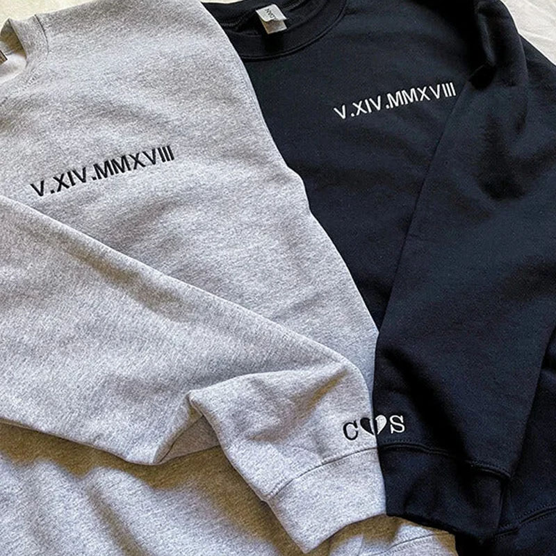 Custom Embroidered Roman Numeral Date Couple's Crewneck - Buy 2 Get Free Shipping