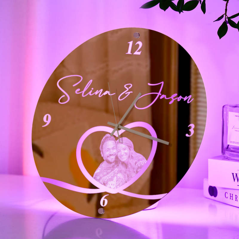 Custom Photo Clock Personalized Name Mirror Light Wall Decor