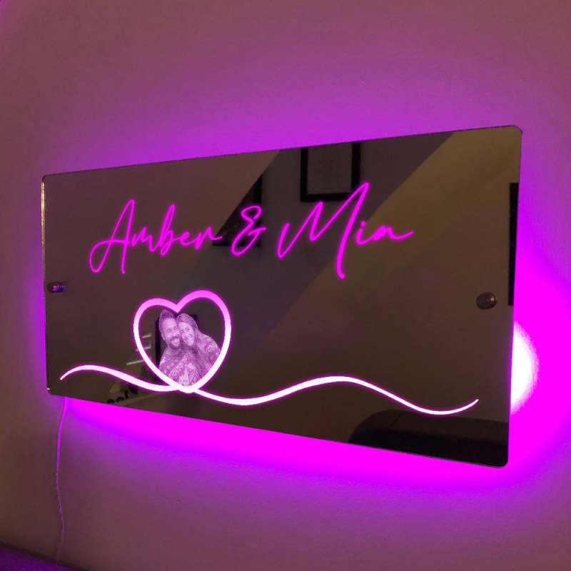 Personalized Photo Name Mirror Light Heart Couple Gift