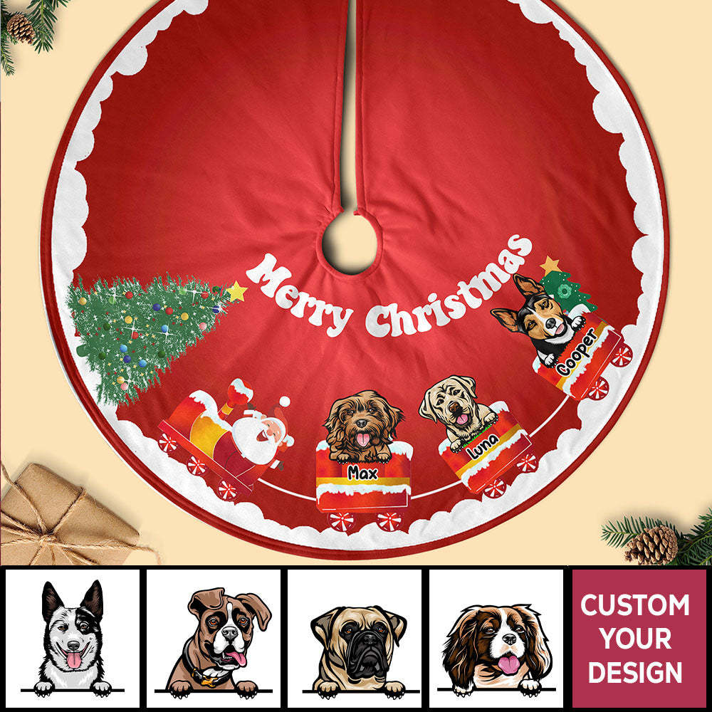Dog-On-The-Christmas Train With Santa Personalized Christmas Tree Skirt