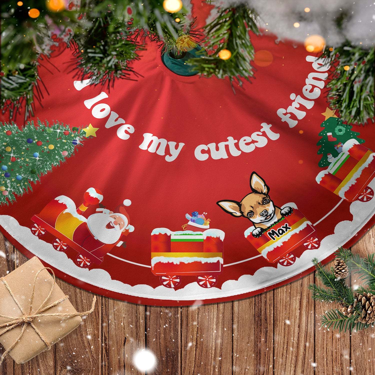 Dog-On-The-Christmas Train With Santa Personalized Christmas Tree Skirt