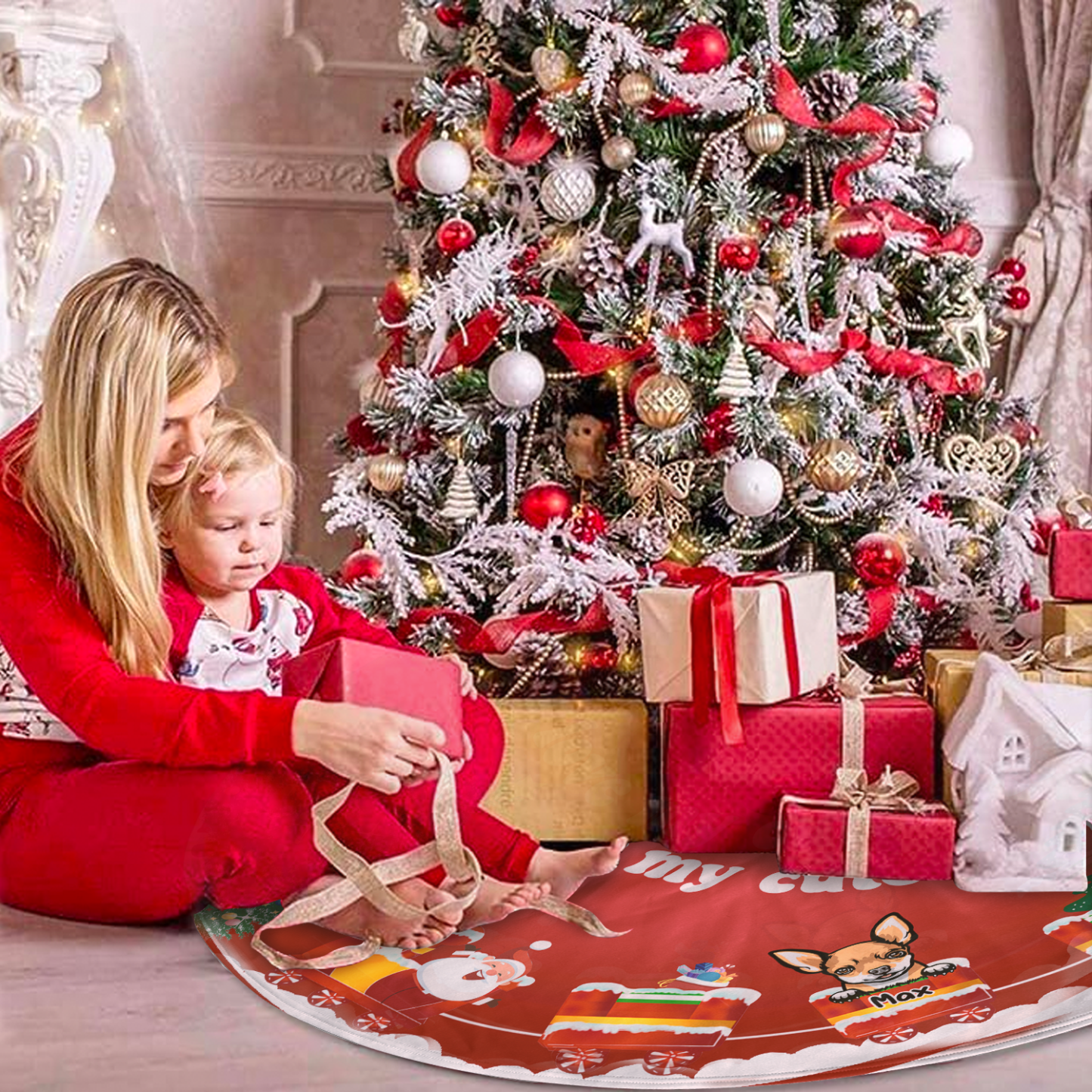 Dog-On-The-Christmas Train With Santa Personalized Christmas Tree Skirt
