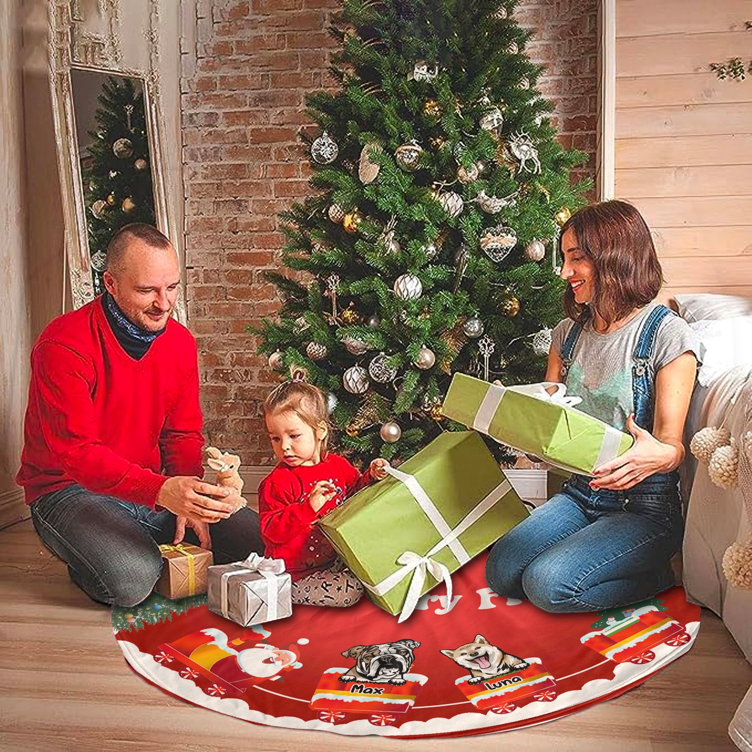 Dog-On-The-Christmas Train With Santa Personalized Christmas Tree Skirt