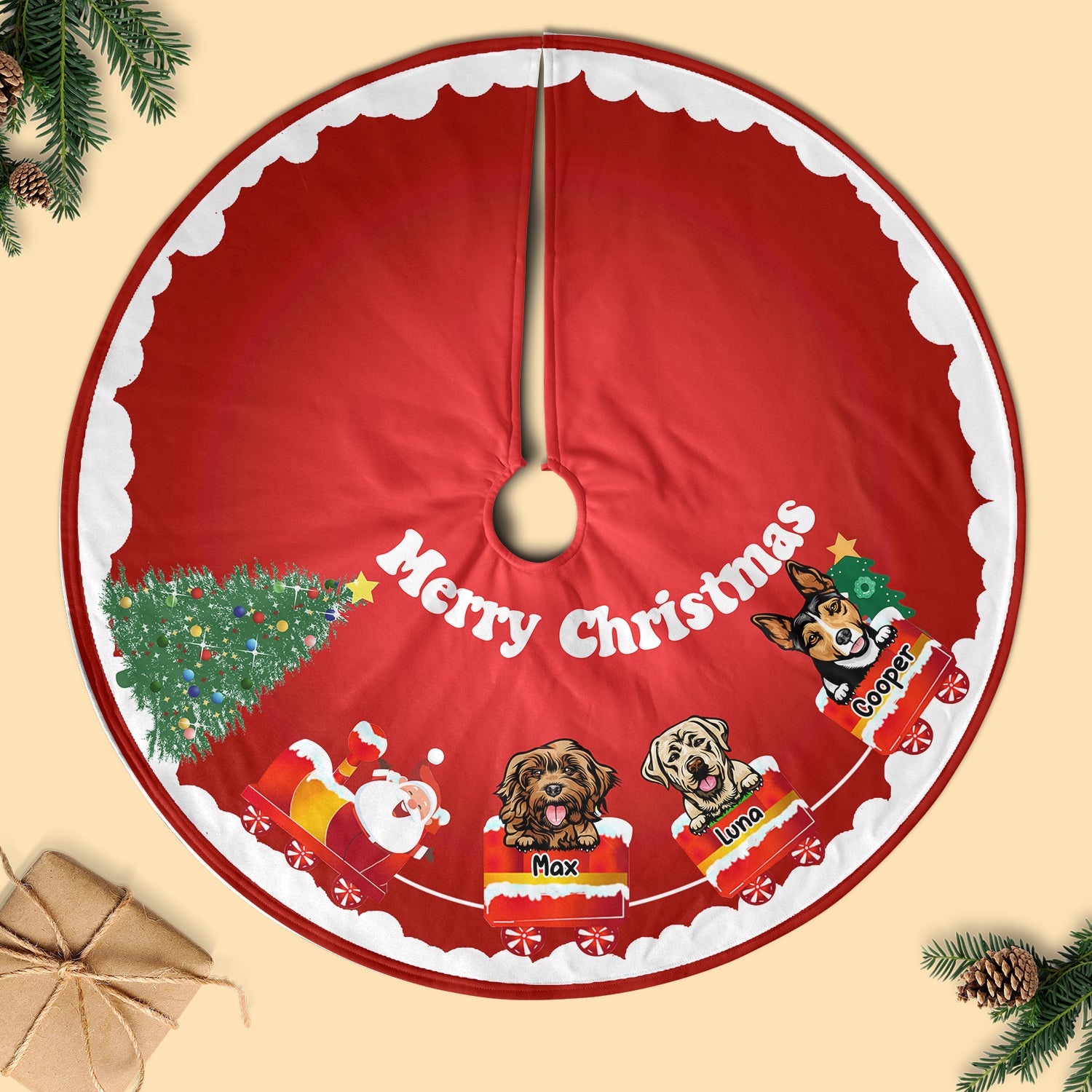 Dog-On-The-Christmas Train With Santa Personalized Christmas Tree Skirt