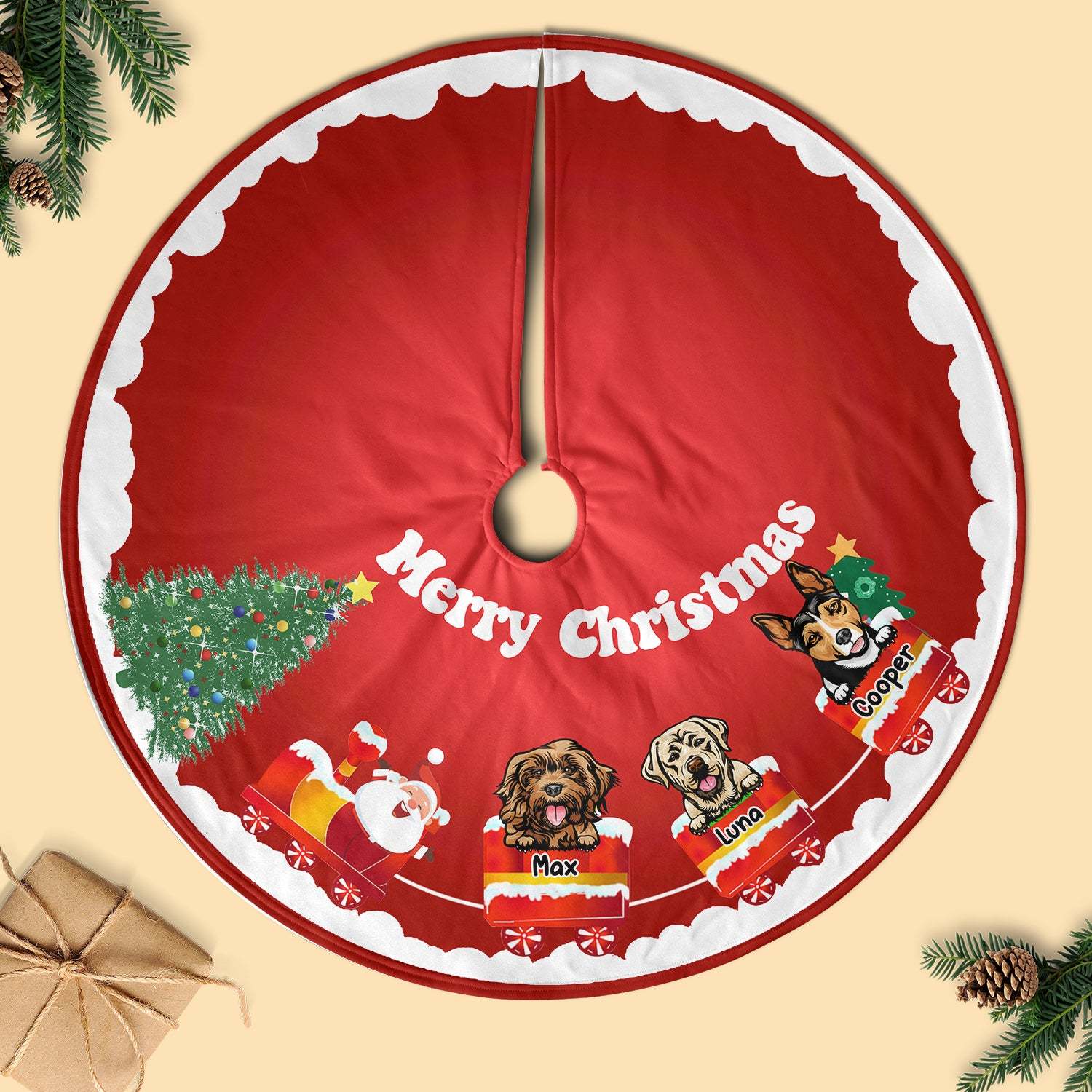Dog-On-The-Christmas Train With Santa Personalized Christmas Tree Skirt