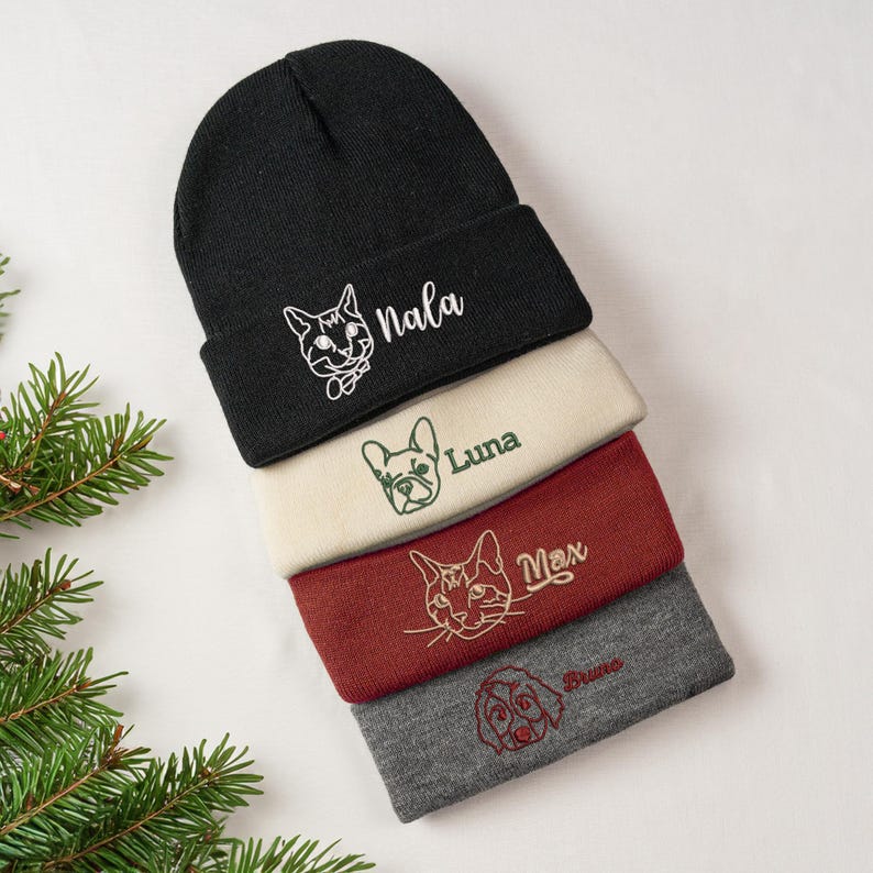 Custom Pet Portrait Full/Outline Embroidery Beanie