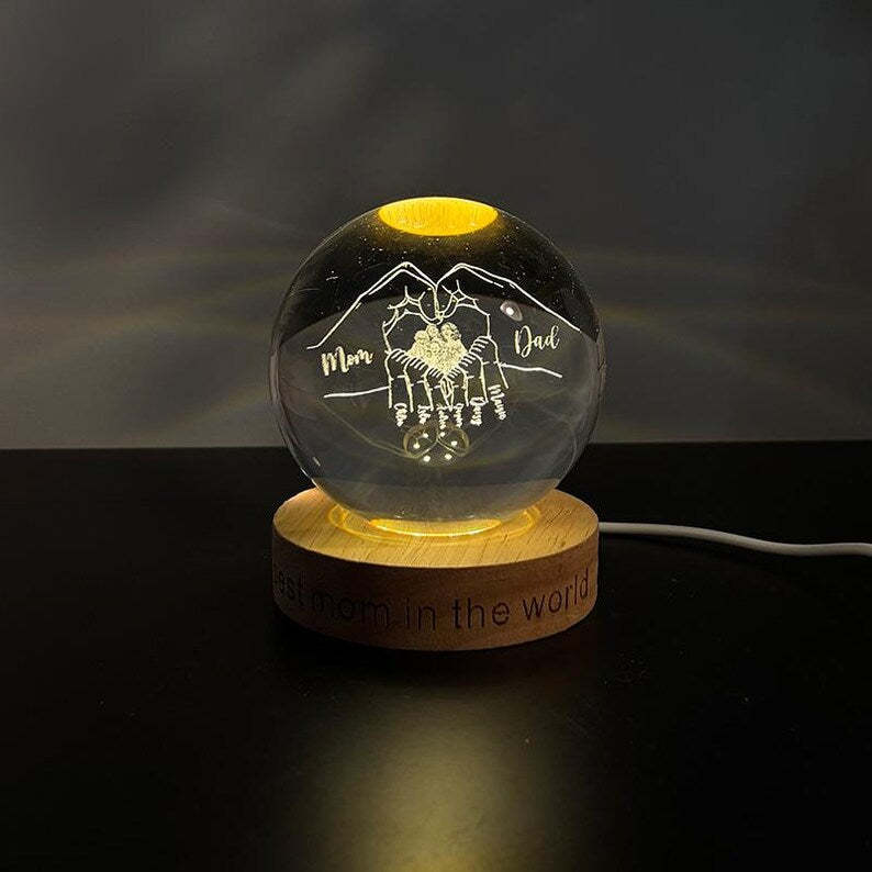 Custom Mothers Day Crystal Glass Ball Night Light, Mom Ball Night Lamp With Engraved Names & Photo