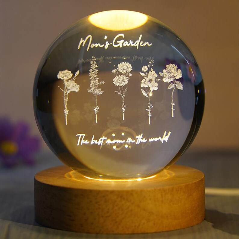 Mom's Garden Flower With Kids Names Crystal Ball Lamp,3d Glass Ball Night Light