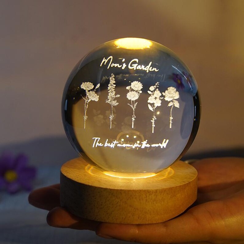 Mom's Garden Flower With Kids Names Crystal Ball Lamp,3d Glass Ball Night Light