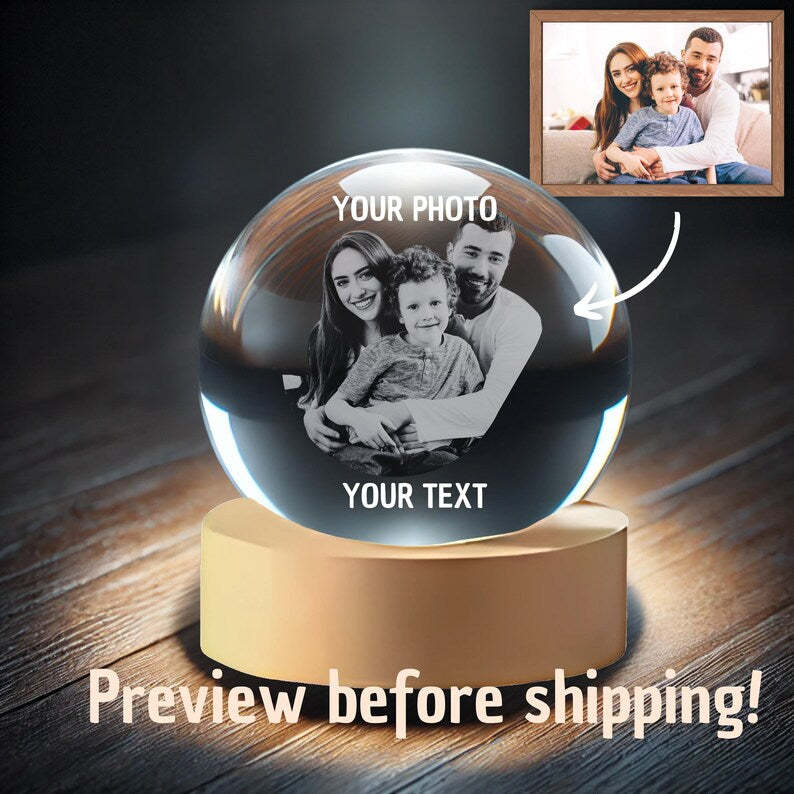 Personalized Crystal Ball With Photo – Engraved Laser Memory Gift Custom Anniversary Gift For Couples