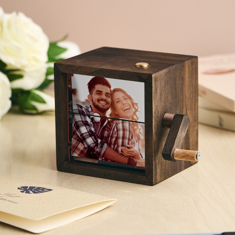 Custom Hand-Crank Flipbook Box Photo Album With Light Black Walnut Baby Photo Cube Frame Creative Gift