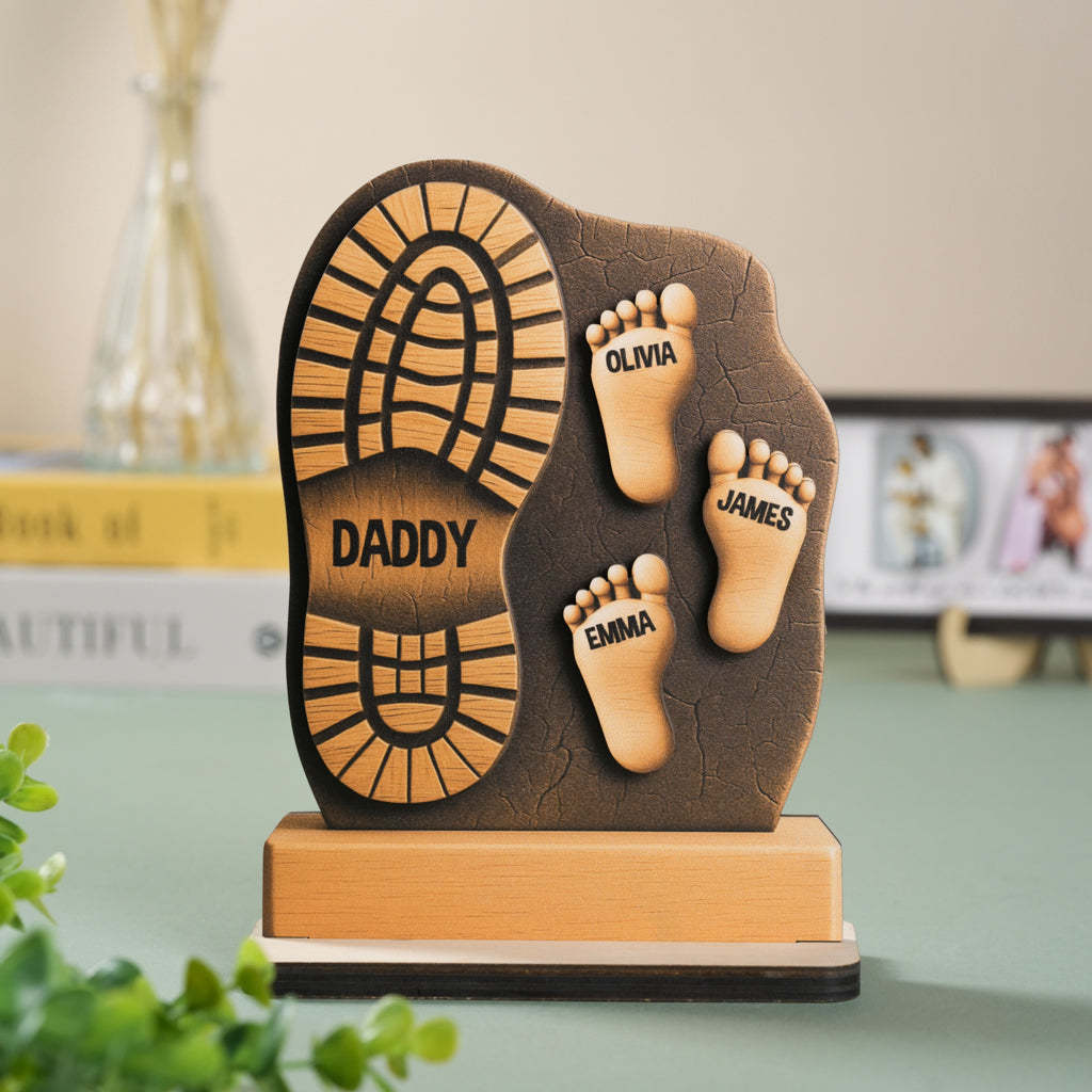 Custom Father And Child Footprint Wooden Stand 