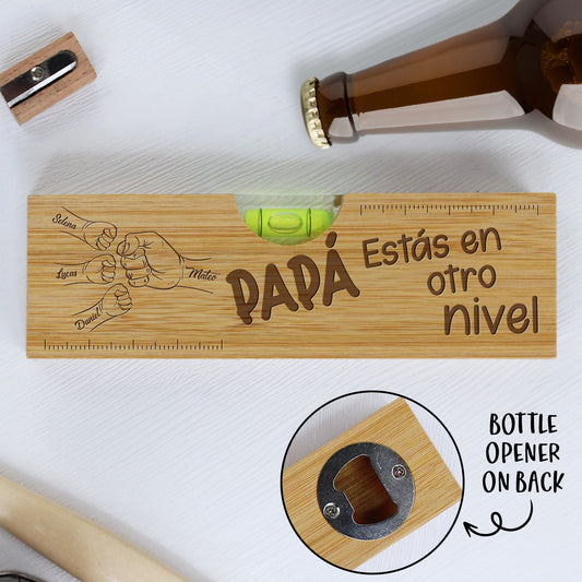 Fist Bump With Dad - Personalized Wooden Bottle Opener With Engraving And Level