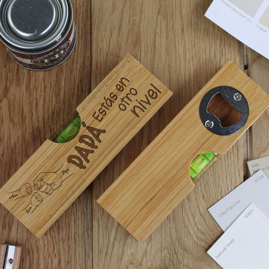 Fist Bump With Dad - Personalized Wooden Bottle Opener With Engraving And Level