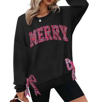 Trendy Merry Side Bow Cut-Out Sweatshirt - Cozy Plaid Christmas Pullover For Women