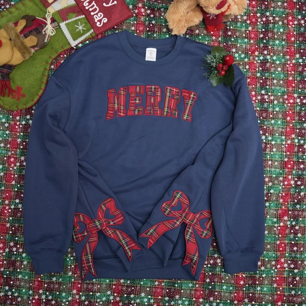 Trendy Merry Side Bow Cut-Out Sweatshirt - Cozy Plaid Christmas Pullover For Women