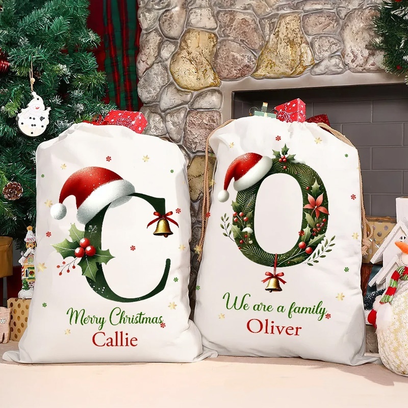 Personalized Bell Santa Hat Initial Drawstring Canvas Gift Bag With Name Text Christmas Party Gift