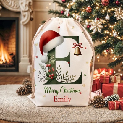 Personalized Bell Santa Hat Initial Drawstring Canvas Gift Bag With Name Text Christmas Party Gift