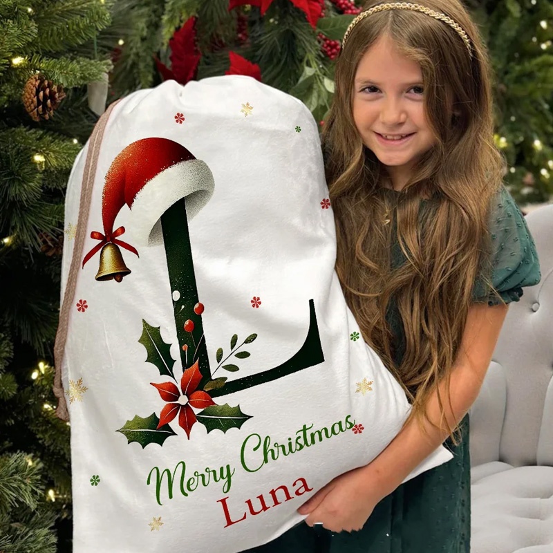 Personalized Bell Santa Hat Initial Drawstring Canvas Gift Bag With Name Text Christmas Party Gift