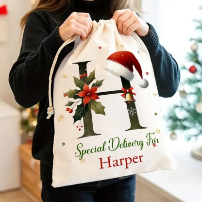 Personalized Bell Santa Hat Initial Drawstring Canvas Gift Bag With Name Text Christmas Party Gift