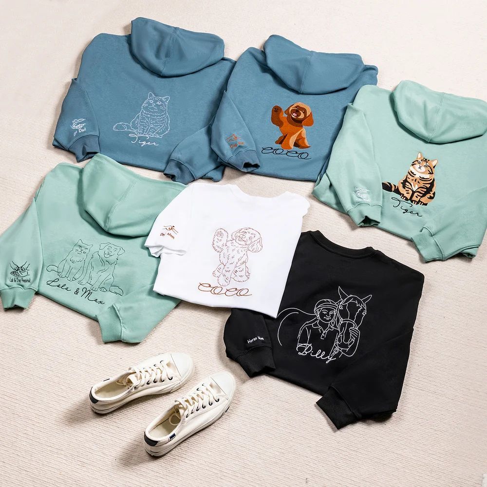 Personalized Embroidered Pet Photo T-Shirt Sweatshirt Hoodie With 1-2 Names Pet Party Birthday Gift For Pet Lovers