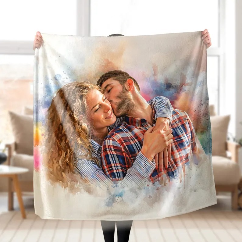 Personalized Watercolor Couple Blanket Painting Photo Portrait Blanket