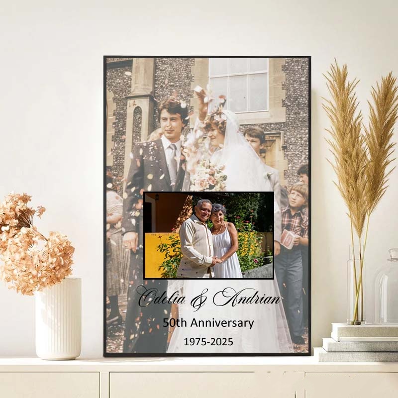 Personalized Couple's Golden Memories Anniversary Canvas Painting, Including Photo, For Couples' Anniversary.