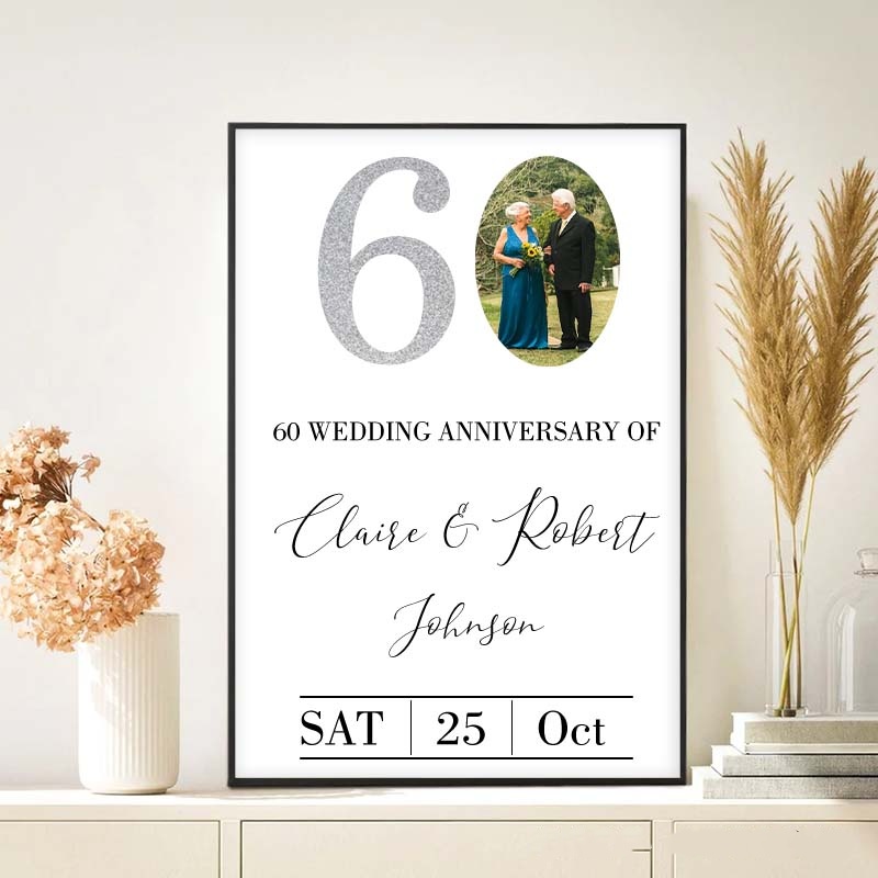 Personalized 60 Years Anniversary Couple Print Diamond Anniversary Canvas Painting with Photo Husband Wife Anniversary Print Gift