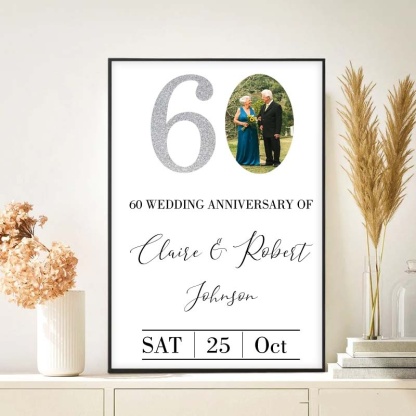 Personalized 60 Years Anniversary Couple Print Diamond Anniversary Canvas Painting with Photo Husband Wife Anniversary Print Gift
