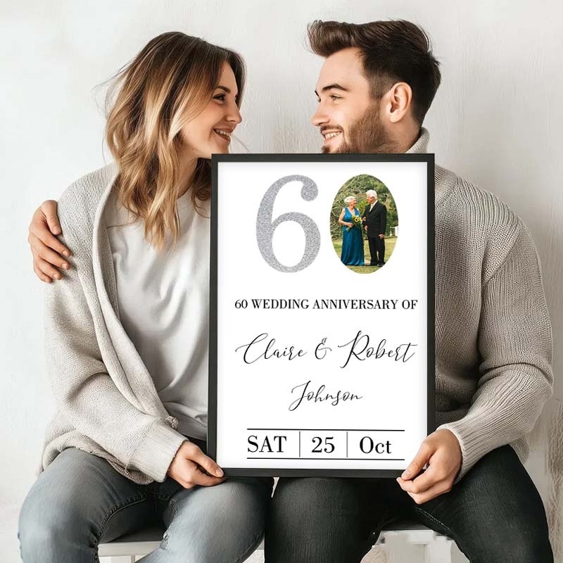 Personalized 60 Years Anniversary Couple Print Diamond Anniversary Canvas Painting with Photo Husband Wife Anniversary Print Gift