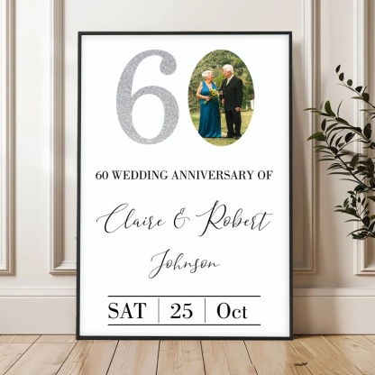 Personalized 60 Years Anniversary Couple Print Diamond Anniversary Canvas Painting with Photo Husband Wife Anniversary Print Gift
