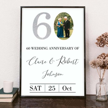 Personalized 60 Years Anniversary Couple Print Diamond Anniversary Canvas Painting with Photo Husband Wife Anniversary Print Gift