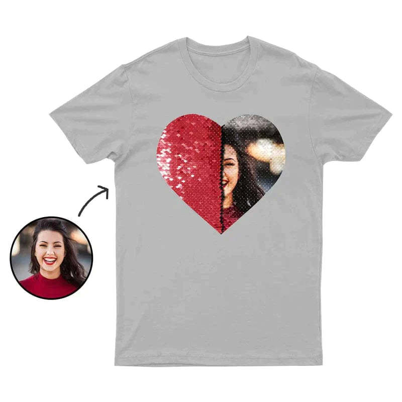 Custom Photo Or Text Cotton T-Shirt Diy Heart Sequin Tee For Couples