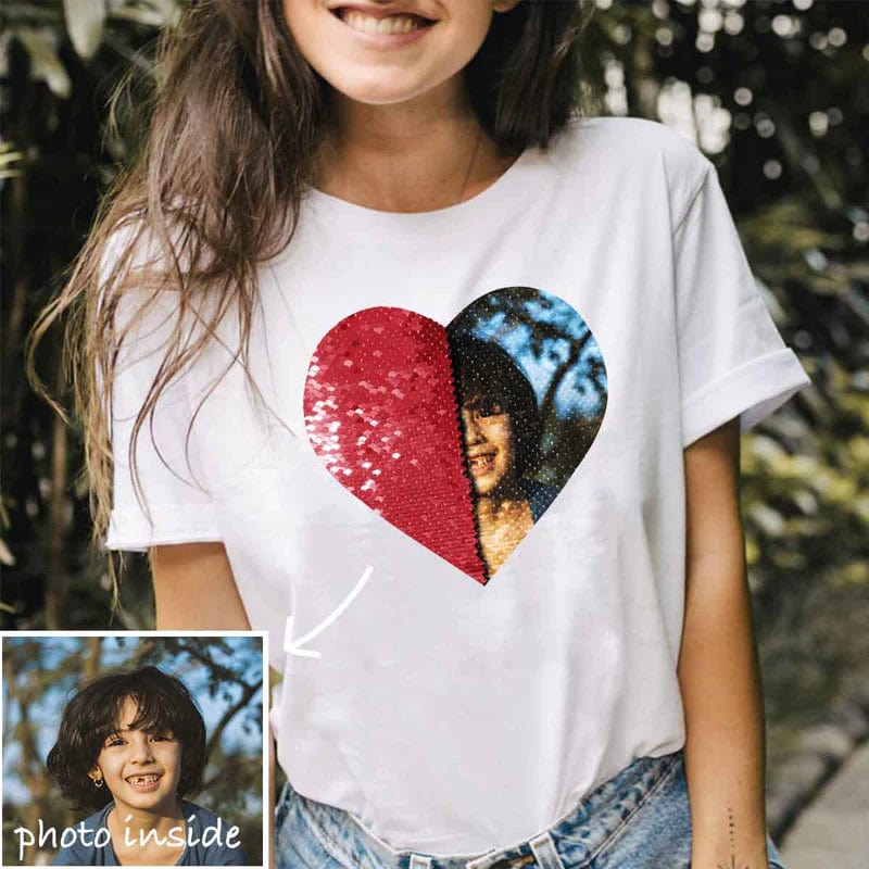 Custom Photo Or Text Cotton T-Shirt Diy Heart Sequin Tee For Couples