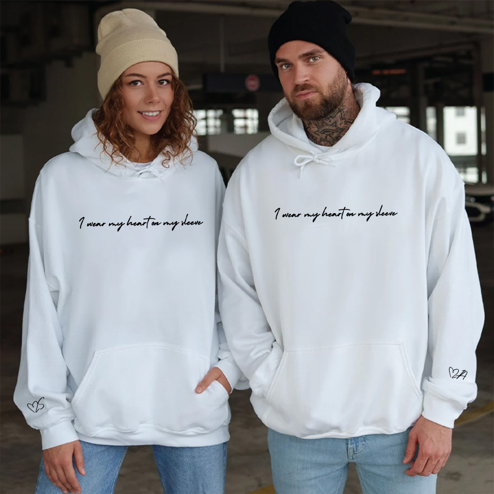 I Wear My Heart On My Sleeve Couple Embroidery Hoodie, Custom Initals Sweatshirt On Sleeve