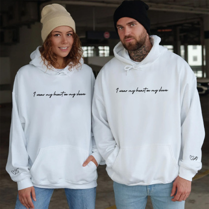 I Wear My Heart On My Sleeve Couple Embroidery Hoodie, Custom Initals Sweatshirt On Sleeve
