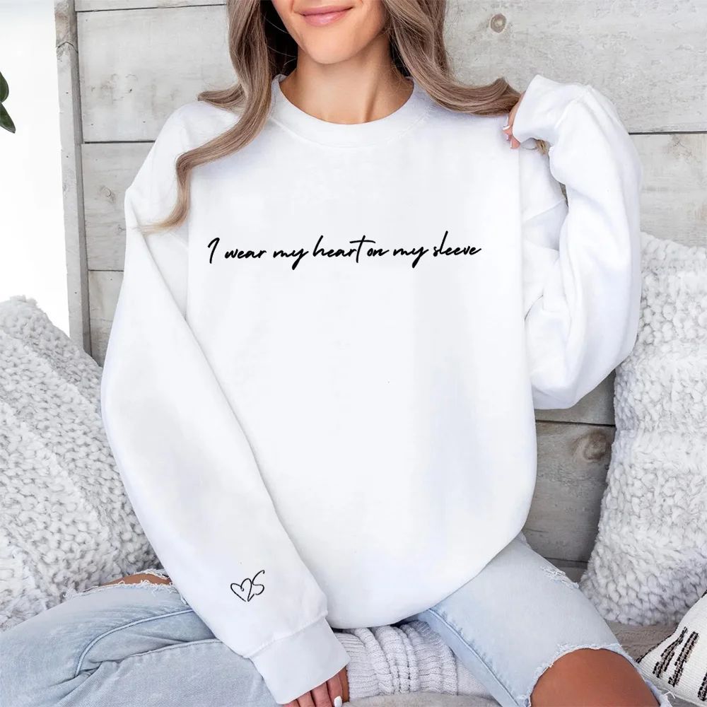 I Wear My Heart On My Sleeve Couple Embroidery Hoodie, Custom Initals Sweatshirt On Sleeve