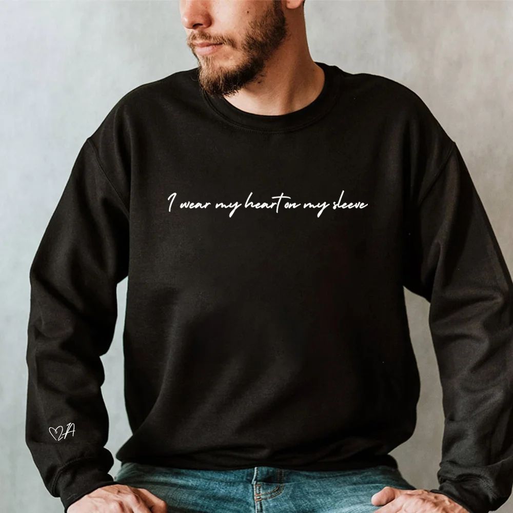 I Wear My Heart On My Sleeve Couple Embroidery Hoodie, Custom Initals Sweatshirt On Sleeve