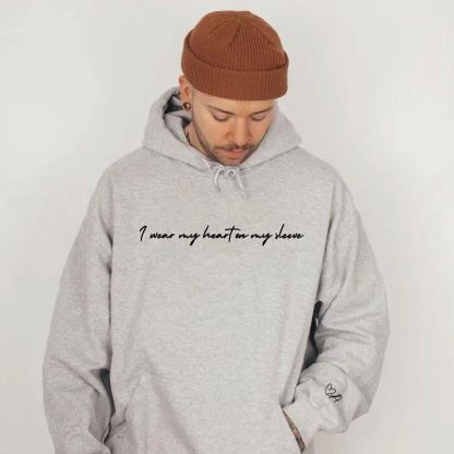 I Wear My Heart On My Sleeve Couple Embroidery Hoodie, Custom Initals Sweatshirt On Sleeve
