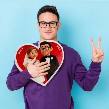 Customized Couple Photo Pillow – Red Heart-Shaped Floral Wreath Personalized Pillow, Valentine's Day Gift