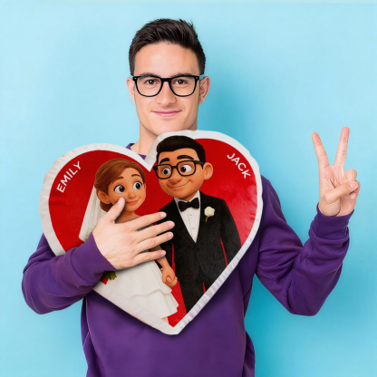 Customized Couple Photo Pillow – Red Heart-Shaped Floral Wreath Personalized Pillow, Valentine's Day Gift