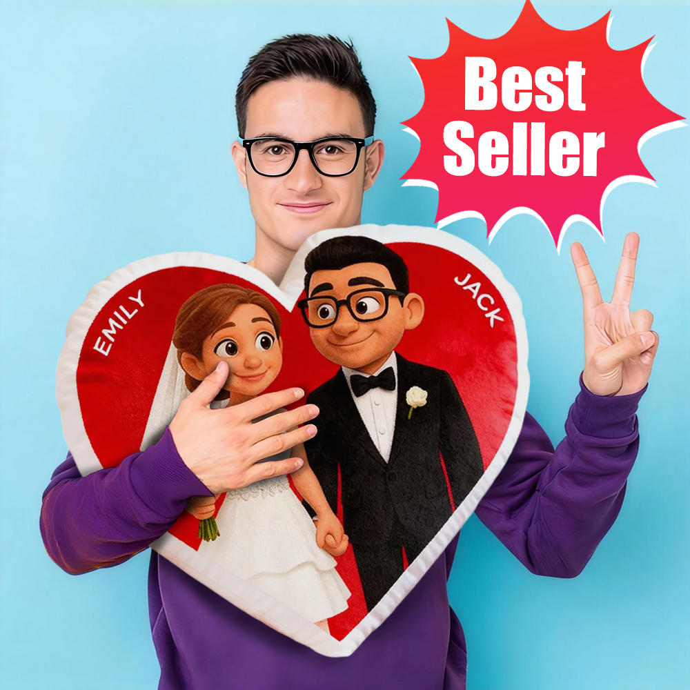 Customized Couple Photo Pillow – Red Heart-Shaped Floral Wreath Personalized Pillow, Valentine's Day Gift