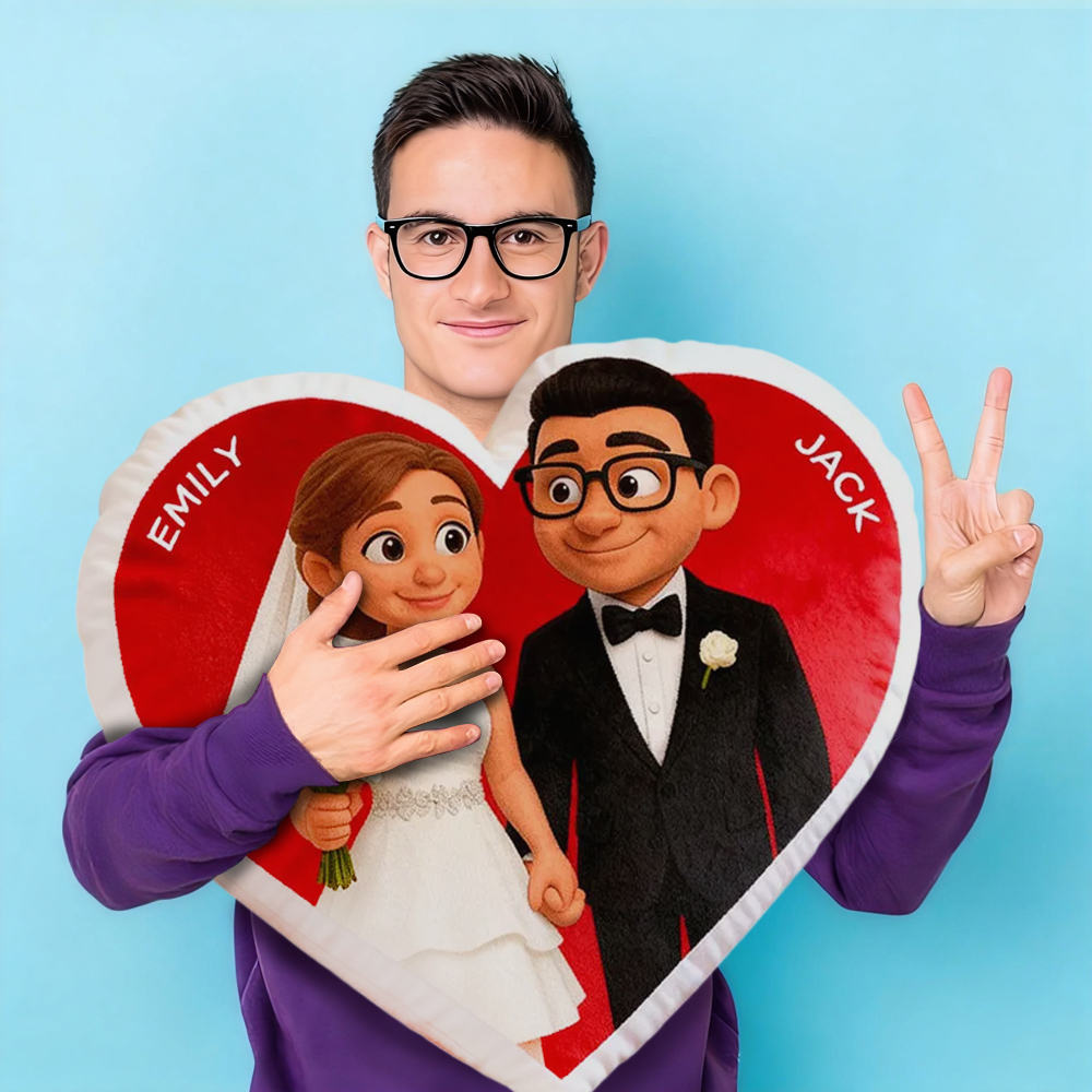 Customized Couple Photo Pillow – Red Heart-Shaped Floral Wreath Personalized Pillow, Valentine's Day Gift