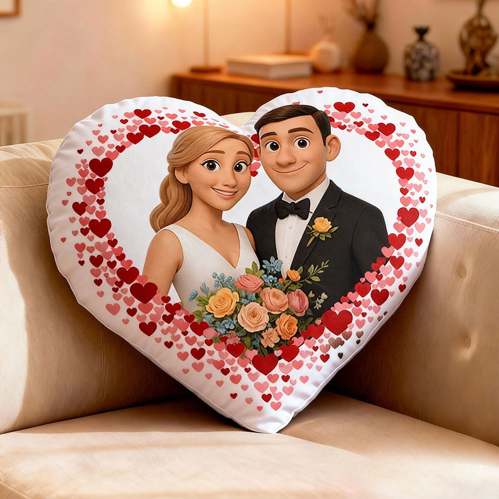 Customized Couple Photo Pillow – Red Heart-Shaped Floral Wreath Personalized Pillow, Valentine's Day Gift