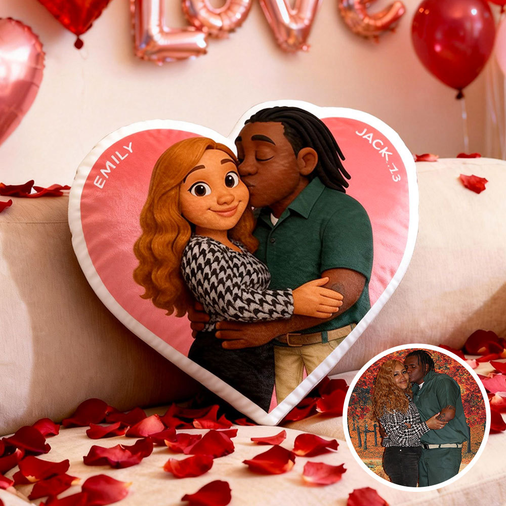 Customized Couple Photo Pillow – Red Heart-Shaped Personalized Anniversary Pillow, The Perfect Valentine's Day Gift.